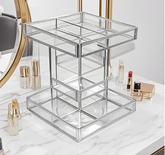 Hersoo 360 Degree Rotation Cosmetic Organizer -Premium Makeup Storage with Spin Base,Antique Countertop Cosmetic Storage,Large Capacity,Beauty Display for Countertop,Vanity or Bathroom (silver)-BrightBean Baby