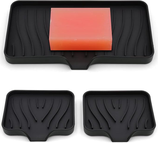 3-Pack Silicone Soap Dish, Sponge Holder for Sink, Kitchen Soap Tray, Bathroom Soap Holder, Sponge Tray with Drain (Black)-BrightBean Baby