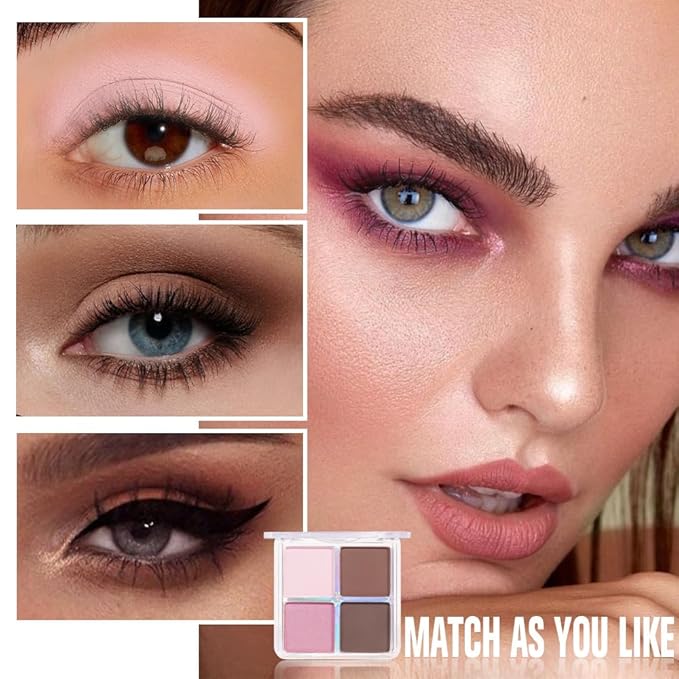 Powder Eyeshadow Quad, Rose Pink Chocolate Brown Shimmer Eye Shadow Palette Makeup, Neutral Vegan Matte Quads Eye Shadow Palette for Older Women Pigmented Waterproof, paleta de sombras de ojos-BrightBean Baby