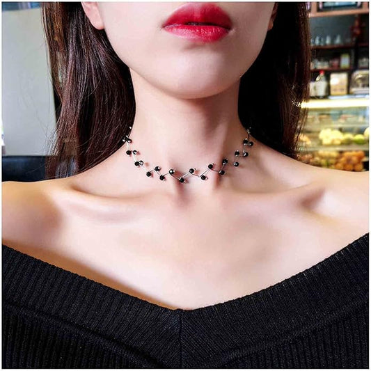 Black Crystal Choker Necklace Short Black Beaded Choker Necklace Silver Chain Necklace Minimalist Necklace Jewelry for Women and Girls-BrightBean Baby