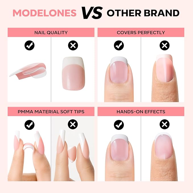 modelones French Tip Press on Nails, 150Pcs Extra Short Square Fake Nails with Nail Box, Pink Gel Nail Tips for Women, Soft Glue-On Nails for Natural Salon Look, DIY Nail Art Kit (15 Sizes)-BrightBean Baby