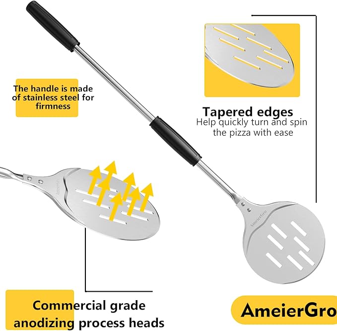 Pizza Peel - Perforated Turner, Adjustable Long Handle, Harden Anodizing, Oven Accessories
