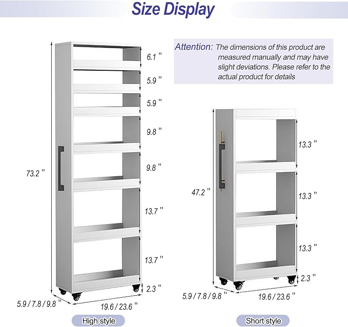 7-Tier Slim Storage Cart, Wooden Rolling Pantry Cabinet with Wheels, Narrow Shelf Organizer for Kitchen, Bakers Rack, Dining Room, Closet, Small Spaces Warm White 47.2" H*9.8" W*23.6" D