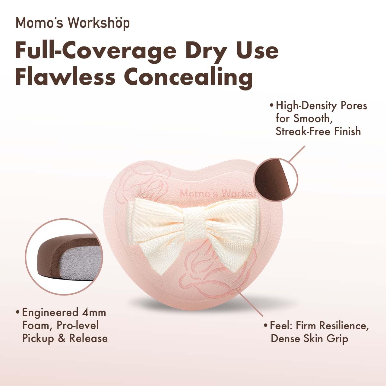 Heart-Shaped Makeup Sponge,Firm Bounce Rubycell, Foundation Sponge with Bow Tie Strap, for Precision Blending of Concealer/Cream Products, 3-Colors,Travel Friendly & Reusable & Storage Case-BrightBean Baby