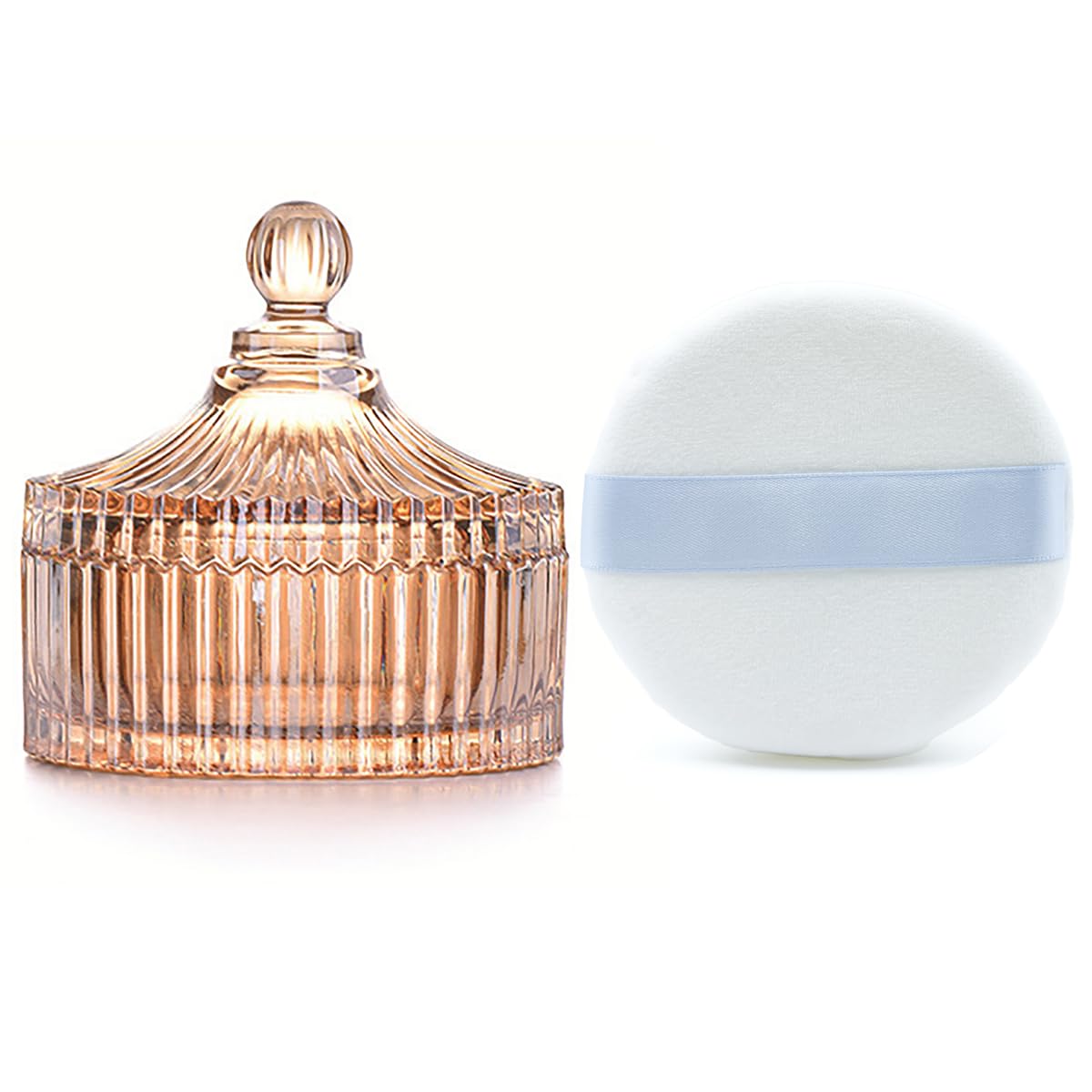 Ultra Soft Powder Puff and Container 3.3" High Density Velvet Dusting Washable Reusable Powder Puff,Body Powder Puff and Glass Jar Holder Loose Powder Box with Puff for Face Makeup(Amber)-BrightBean Baby