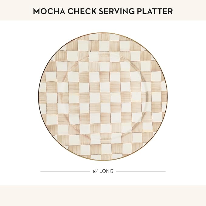 MACKENZIE-CHILDS Enamel Serving Platter, Decorative Serving Platter for Food, 16 Inches, Brown-and-White Mocha Check