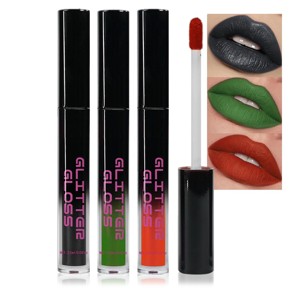 Gray Black Green Red Metallic Lipstick for Women,Glitter Sparkling Liquid Lipstick,Long Lasting Waterproof Lightweight Non-Drying Bold Dark Lip Gloss for Gothic Stage Makeup,Vegan-BrightBean Baby