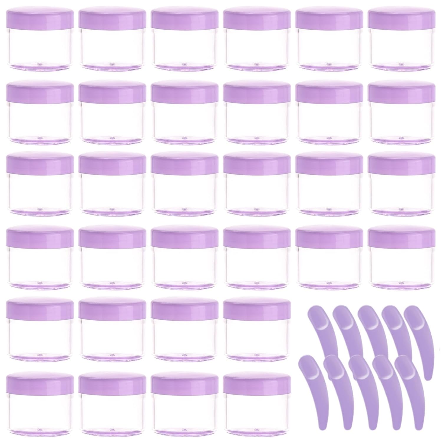 Refillable Cosmetic Sample Jars - 100 Pack 20g (0.7oz) Purple Small Travel Containers with Lids + 10 Mini Makeup Spatulas - BPA Free-BrightBean Baby