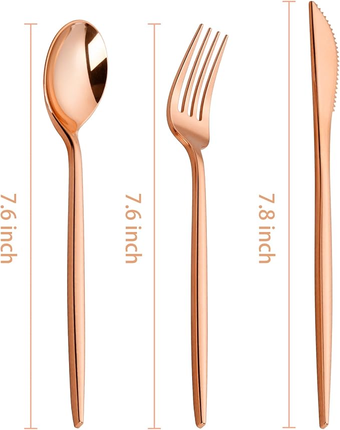 PULOTE 300PCS Rose Gold Plastic Silverware Set - Heavy Duty Rose Gold Utensils Set - Plastic Cutlery Disposable - Include 100 Knives,100 Forks and 100 Spoons for Party & Wedding