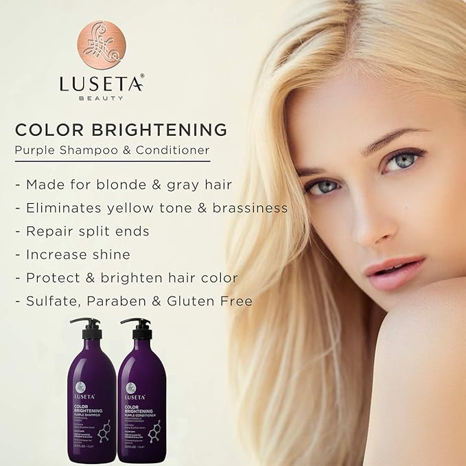 L LUSETA Color Brightening Purple Shampoo and Conditioner Set for Blonde and Gray Hair, Infused with Cocos Nucifera Oil to Help Nourish, Moisturize and Condition Hair, 2x33.8oz-BrightBean Baby