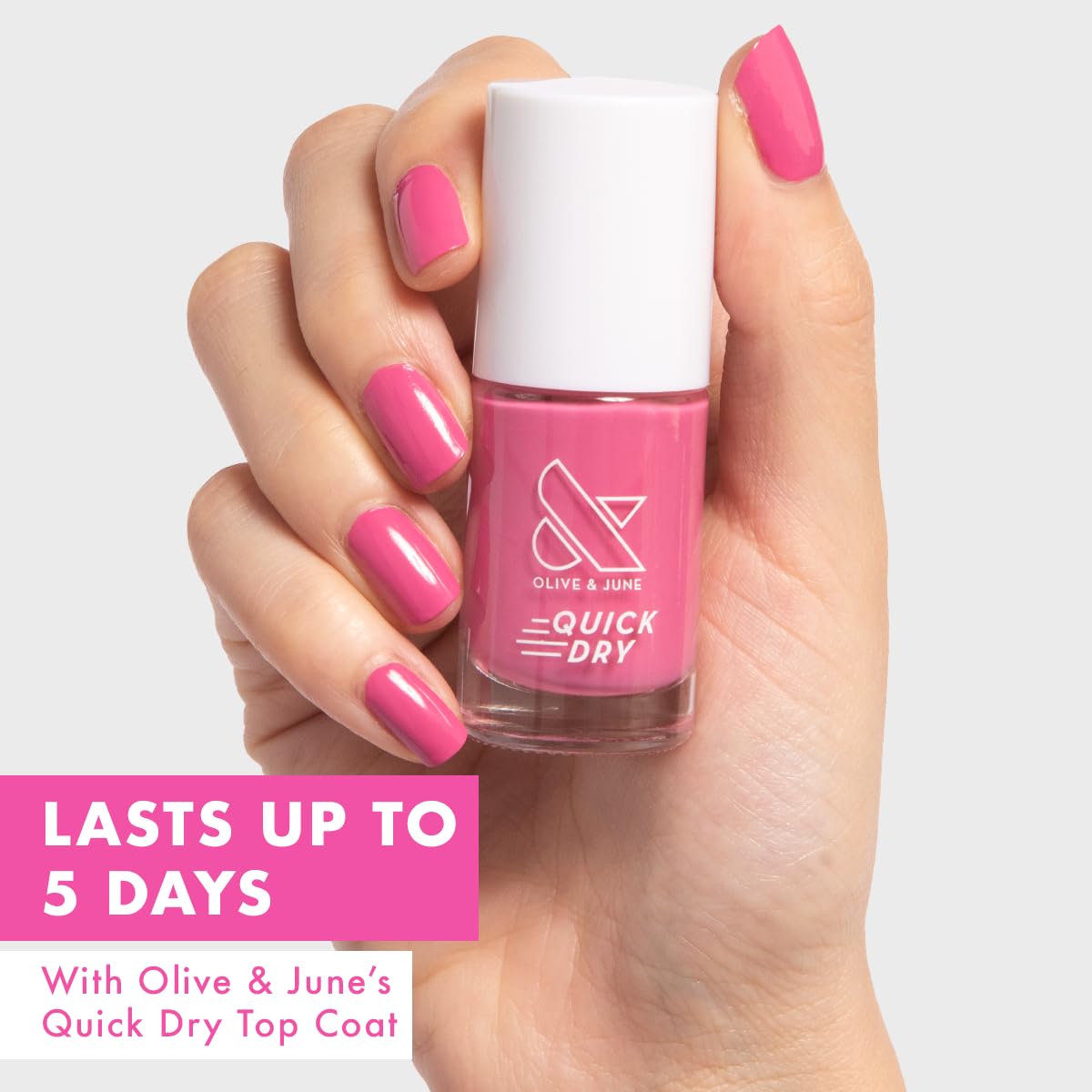 Olive & June Quick Dry Nail Polish | Instant Fast-Drying, Smudgeproof Color | 15-free, Vegan, Cruelty-Free Formula | Lasts up to 5 Days | Salon-Quality Manicure, Pedicure at Home | Prom Magenta Pink-BrightBean Baby