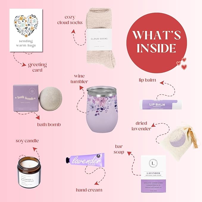 Unboxme Lavender Spa Gift Set - Relaxation Gifts For Women - Get Well Soon Gift Basket with Scented Candle, Bath Bomb, Soap ("Sending Hugs" Greeting Card, Luxury Lavender Collection)-BrightBean Baby