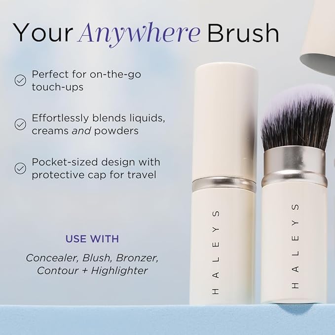 HALEYS Retractable Face Brush, VEGAN Dense, Angled Bristles & Adjustable Sleeve, Portable Makeup Brush for Quick, Easy Streak-Free Blending of Liquids, Creams, Powders, Travel-friendly Mess-Free Cap-BrightBean Baby