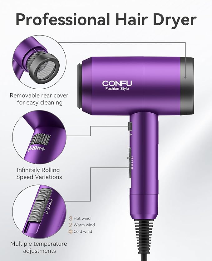 Hair Dryer with Diffuser, CONFU Ionic Blow Dryer 1600W, Portable Lightweight Fast Drying Negative Ion Hairdryer, 3 Heat Settings with Diffuser and Concentrator Nozzle for Home & Travel-BrightBean Baby