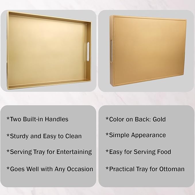 Gold Serving Tray for Coffee Table, Rectangular Plastic Decorative Tray with Handles for Entertaining, Outdoor Patio, Living Room, Ottoman, Bathroom Counter, 11.8”*15.7”*1.6”