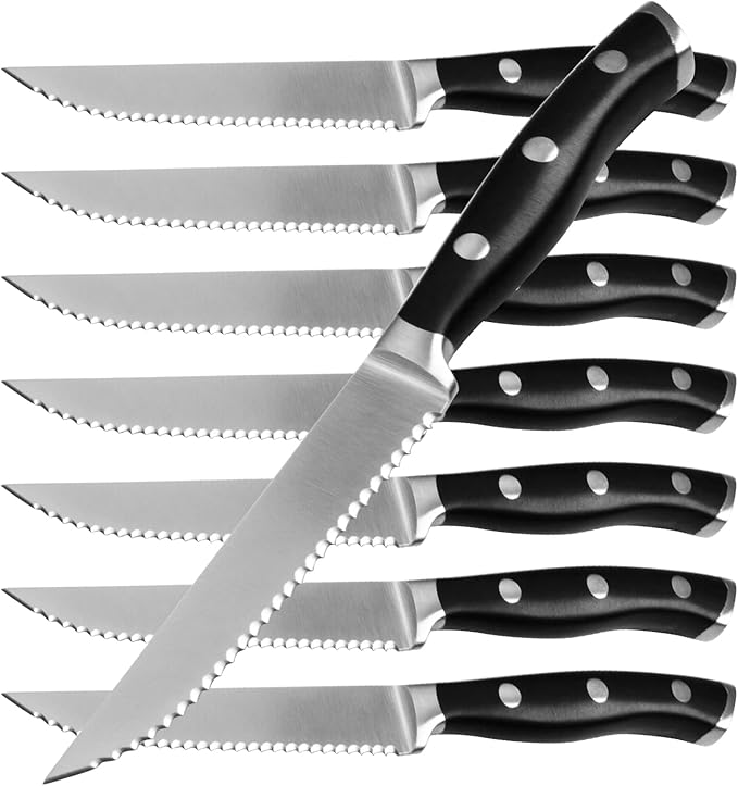 Alata 8-Piece Steak Knives Set, 4.7 Inch with Serrated Edge Razor-Sharp Dinner Knives, Full-Tang Construction, Dishwasher Safe