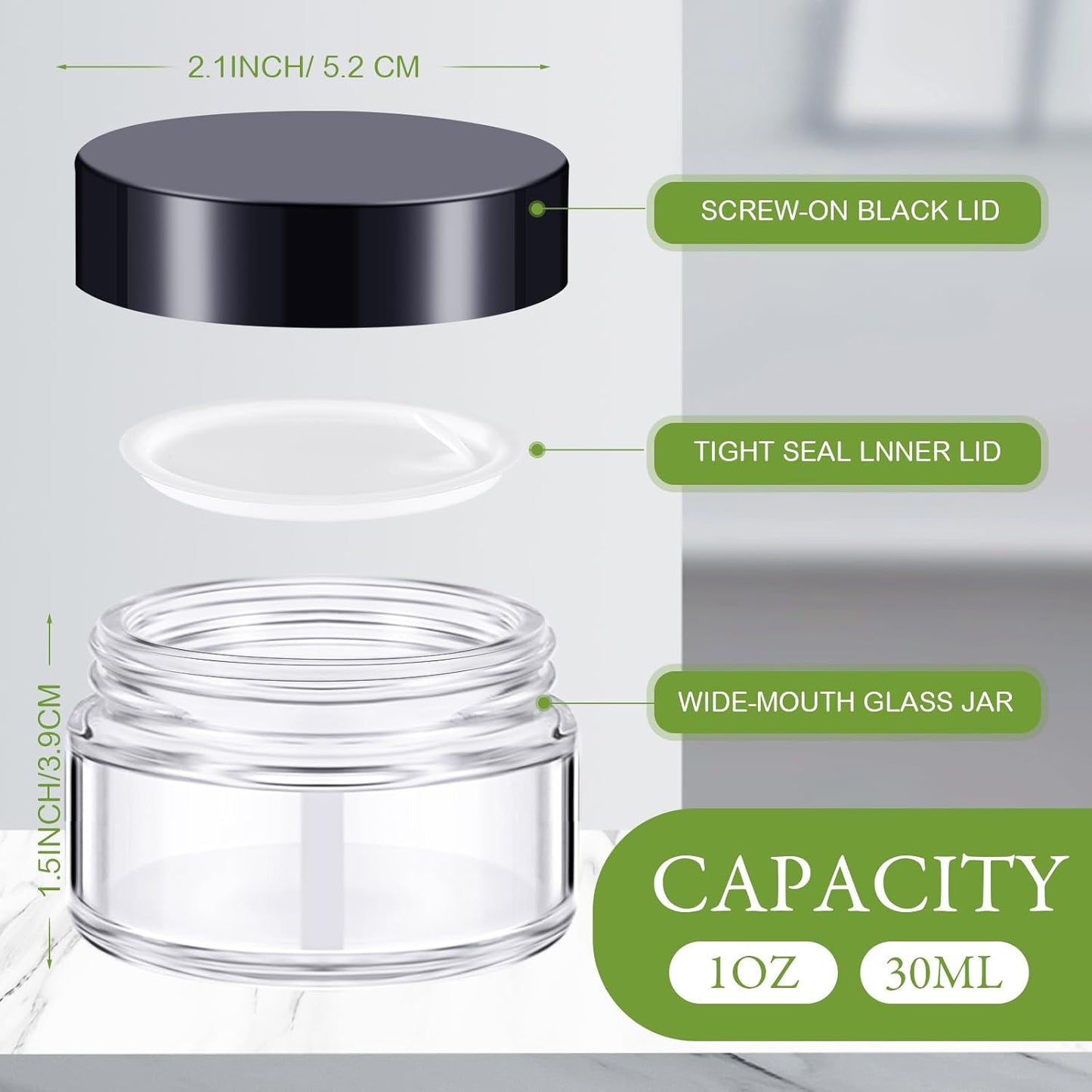 Domensi 100 Pcs 1 oz Glass Jars with Lids Bulk Round Glass Cosmetic Jars Lids 1 oz Small Travel Containers with Inner Liner for Lotions Powders Ointments Sample Cream(Clear, Black)-BrightBean Baby