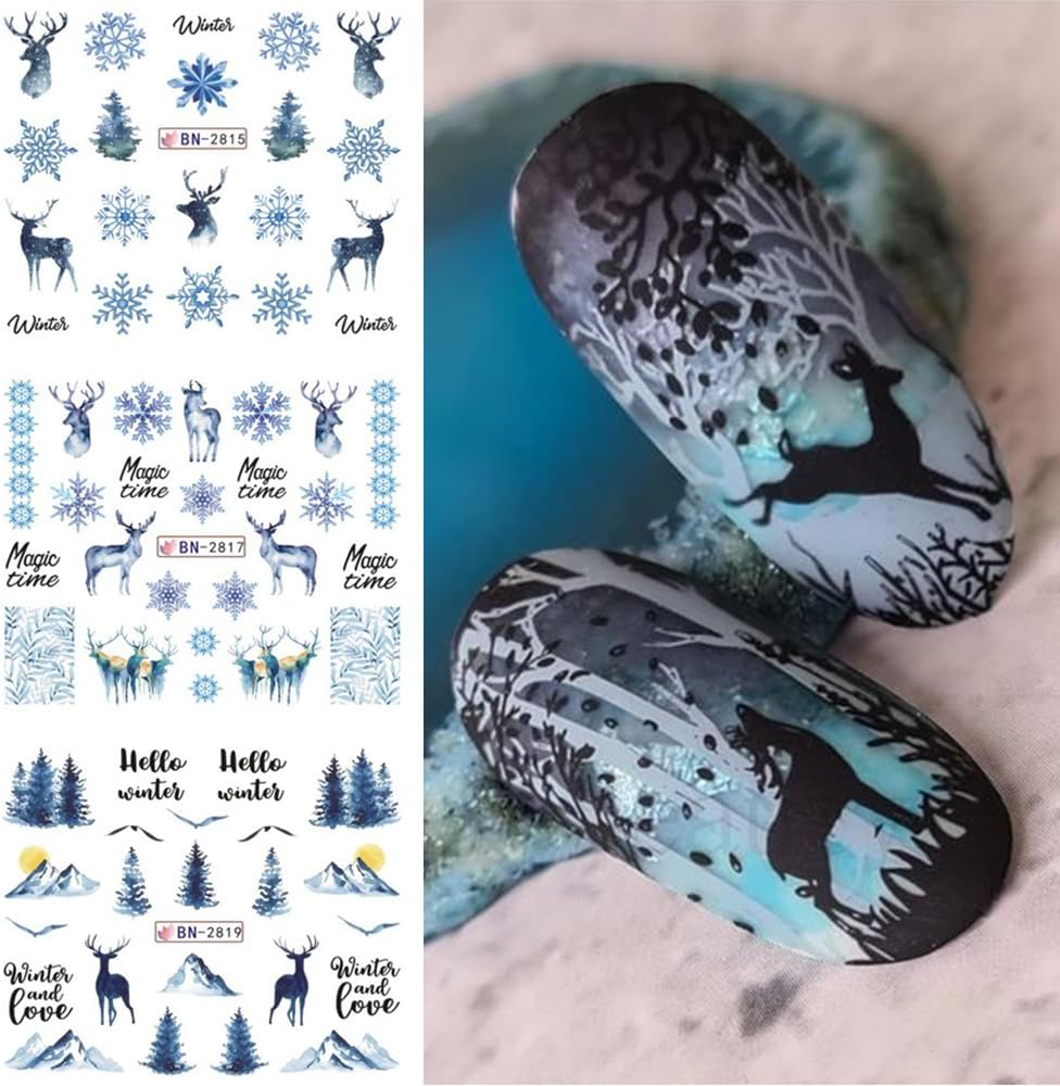 12 Sheets Snowflake Nail Art Stickers Water Transfer Nail Decals Christmas Nail Art Decorations Blue Snowflake Elk Santa Tree Bear Cute Winter Pattern Watermark Nail Stickers for Women DIY Nail Supply-BrightBean Baby