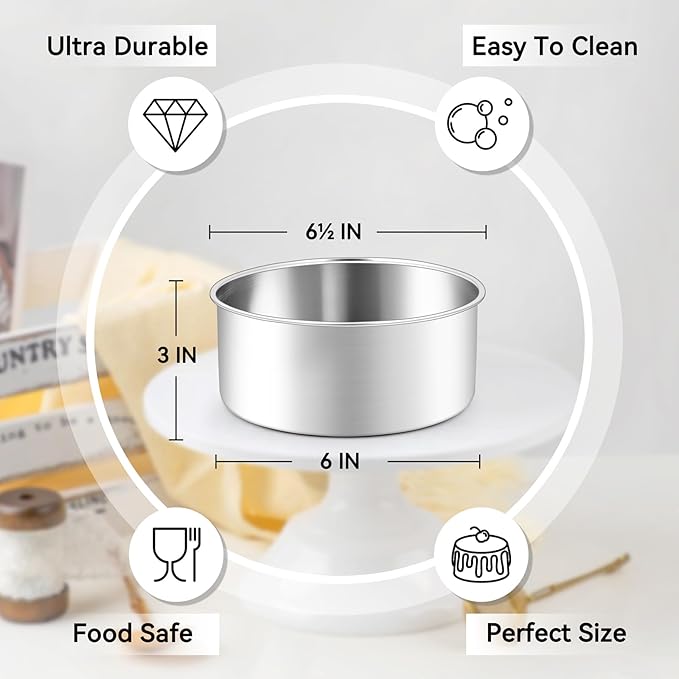 Leonyo 6 Inch Cake Pans, Stainless Steel Round Cake Baking Pans Set of 2, 6” x 3” Deep Baking Tins for Even Heating, Non Toxic & Healthy, Heavy-Duty, Dishwasher Safe