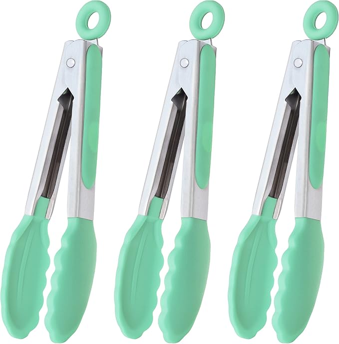 Mini Tongs with Silicone Tips 7 Inches Silicone Cooking Tongs, Set of 3 (Mint)