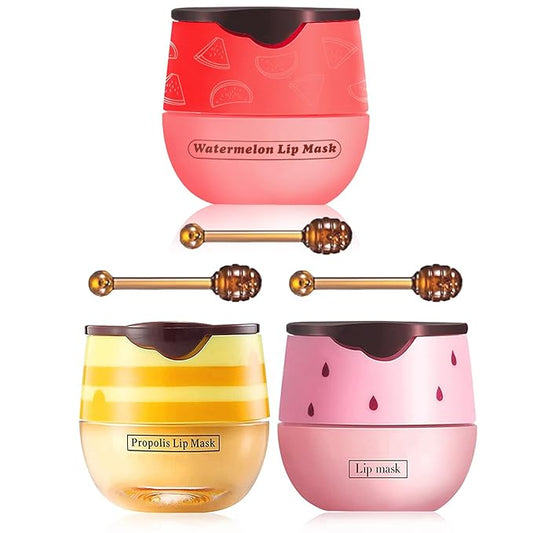 3 PCS Bee Lip Balm Honey Pot, Exfoliating Honey Strawberry Watermelon Lip Mask Overnight with Built-In Brush, Hydrating Prevention Dry and Crack Lip Scrubs Exfoliator Lip Wrinkle Care-BrightBean Baby