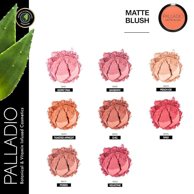 Palladio Matte Blush, Brushes onto Cheeks Smoothly, Soft Matte Look and Even Finish, Flawless Velvety Coverage, Effortless Blending Makeup, Flatters the Face, Convenient Compact, Chic-BrightBean Baby