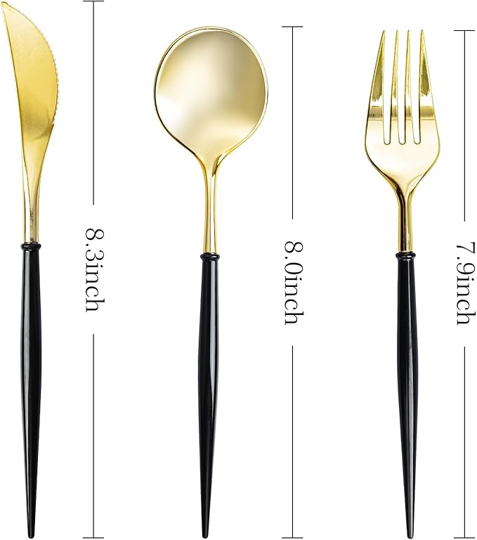 N9R Gold Plastic Cutlery Set - 90pcs with Black Handle - Fancy Plastic Silverware, Heavy Duty - 30 Spoons, 30 Forks, 30 Knives for Halloween and Everyday Use
