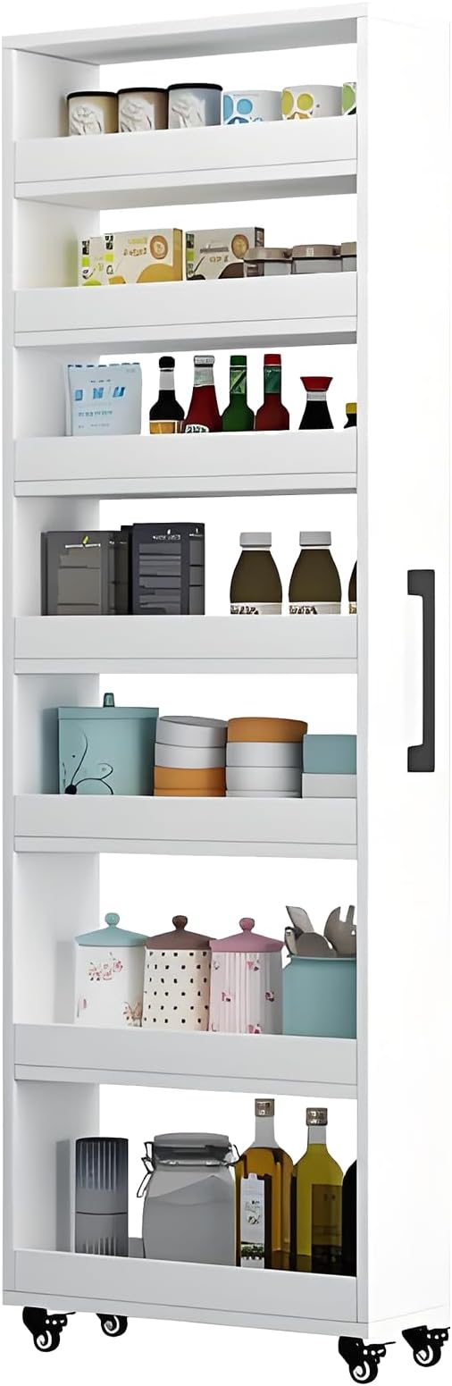 7-Tier Slim Storage Cart, Wooden Rolling Pantry Cabinet with Wheels, Narrow Shelf Organizer for Kitchen, Bakers Rack, Dining Room, Closet, Small Spaces Warm White 73.2‘’H*5.9''W*19.6''D