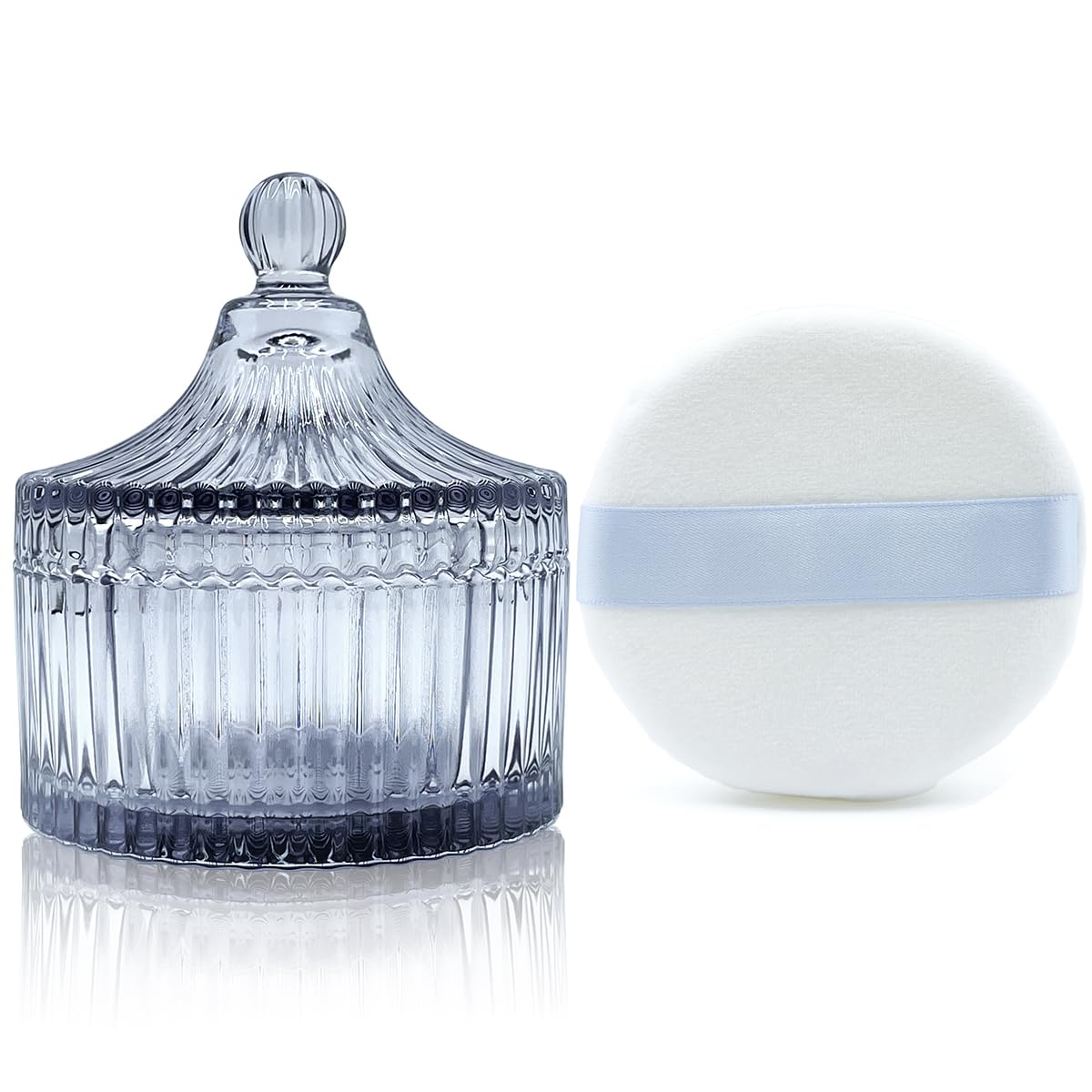 Ultra Soft Powder Puff and Container 3.3" High Density Velvet Dusting Washable Reusable Powder Puff,Body Powder Puff and Glass Jar Holder Loose Powder Box with Puff for Face Makeup(Gray)-BrightBean Baby