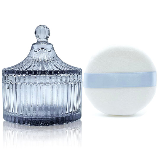 Ultra Soft Powder Puff and Container 3.3" High Density Velvet Dusting Washable Reusable Powder Puff,Body Powder Puff and Glass Jar Holder Loose Powder Box with Puff for Face Makeup(Gray)-BrightBean Baby