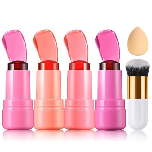 4PCS Cooling Water Jelly Tint Blush Stick for Cheeks,Multi-use Jelly Lip and Cheek Tint Stain,Moisturizing Natural Jelly Blush Stick,Buildable Watercolor Finish - Cruelty Free-BrightBean Baby