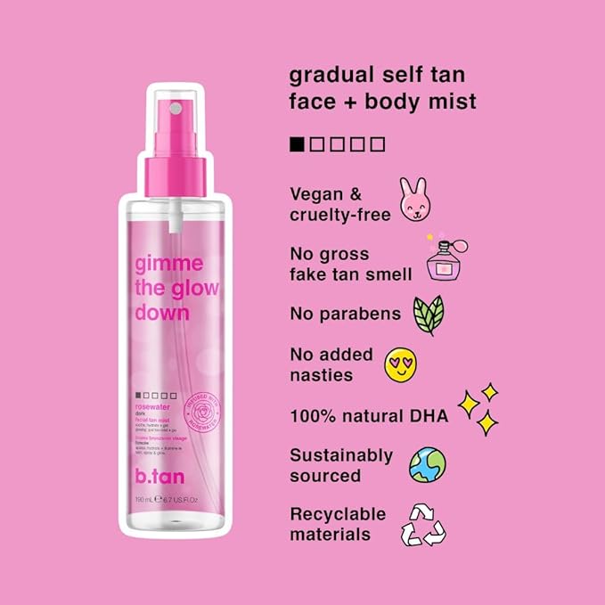 b.tan Clear Face Tan Mist | Gimme The Glow Down - Best Facial Tanner Spray, Gradual Bronzing Sunless Tanning Water, Infused with Rosewater, Vegan, Cruelty Free, 6.7 Fl Oz-BrightBean Baby