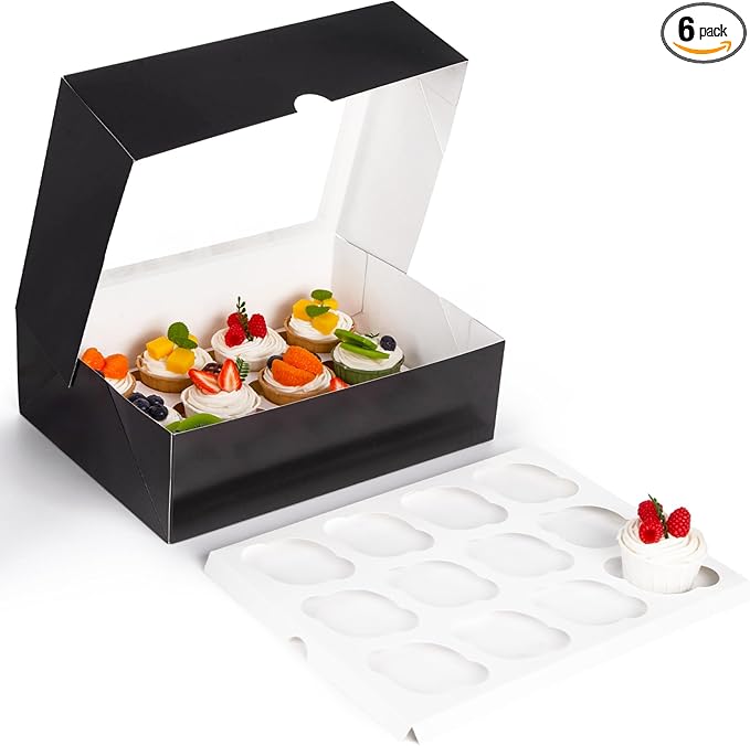VGOODALL 12 Count Cupcake Boxes, 6PCS Halloween Cupcake Holder with Window Black Pastry Boxes for Birthday Holiday Halloween Party Bakery Supplies