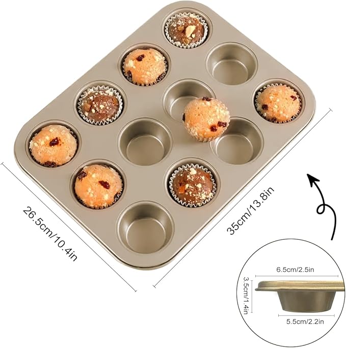Muffin Pan, Cupcake Pan, Set of 2, 12-Cup Muffin Tin, Non-Stick Bakeware, Easy to Release and Clean, Baking Molds, Muffin Tray, Molds for Homemade Cupcakes & Muffins (Gold)