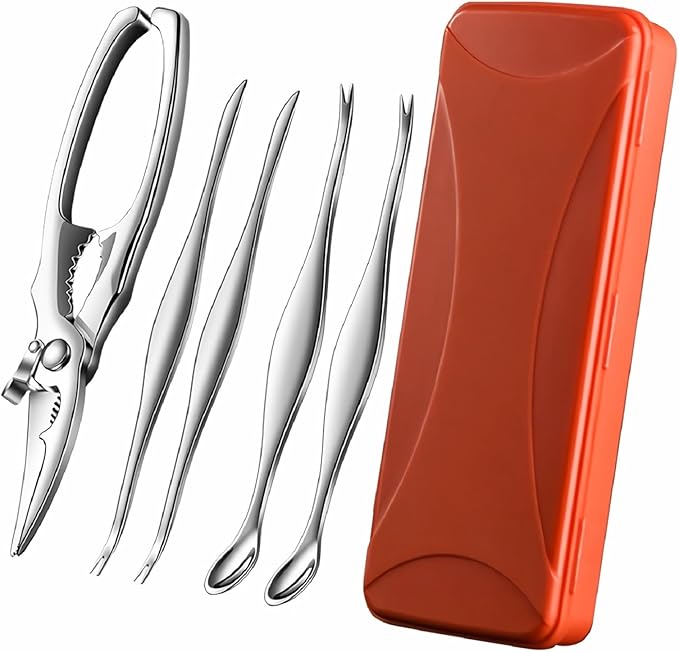ACCUFINE Crab Crackers and Tools in Case Stainless Steel Set for Party Crab Scissors for Cutting the Shell Lobster Cracker and Tool Set Seafood Scissor Shrimp (silver)