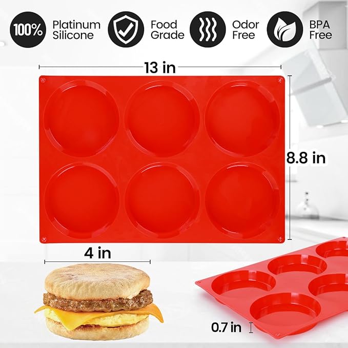 CAKETIME 4 Inch Muffin Top Pan, Silicone Egg Molds for Breakfast Sandwiches Jumbo Round Baking Pan for Oven English muffins, Whoopie Pies, Corn Bread, Egg bites, Tarts 4 Pack Red