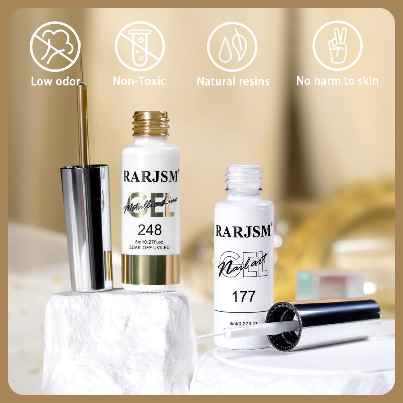 RARJSM Nail Art Gel Liner Metallic Bronze Gold and White 2pcs Set Mirror Chrome 3D Effect Gel Nail Polish 8ml Build in Thin Brush Swirl Drawing Stripper Gelpolish Curing Requires for Home Salon-BrightBean Baby