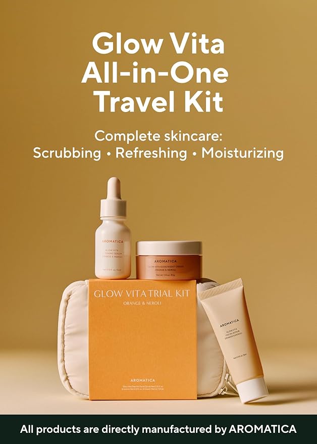 AROMATICA Glow Vita Trial Kit - Travel Size Skin Care Set [Vitamin C Serum 0.5 fl.oz, Facial Scrub 0.5 fl.oz, Goodnight Cream with Retinol 1oz] - Travel Kit for Women-BrightBean Baby