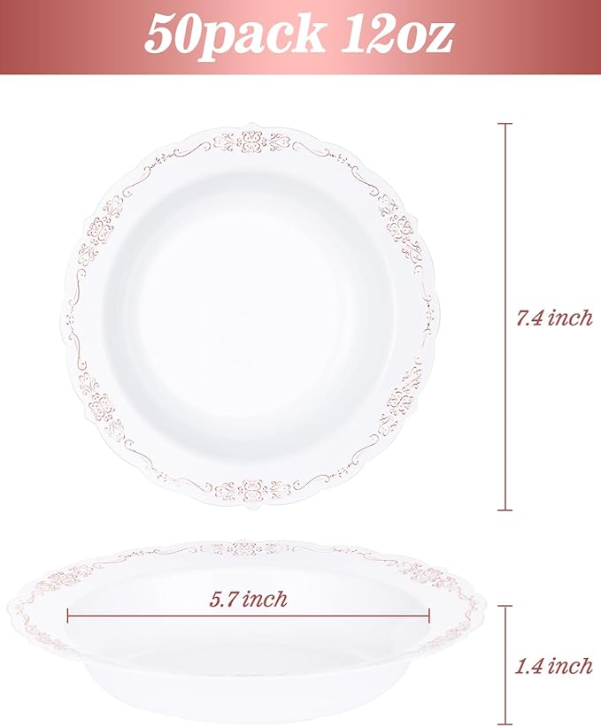 50 Pack White Plastic Bowls with Rose Gold Rim, 12oz Plastic Dessert Bowl, Bowls Disposable Heavy Duty for Hot Soup, Dessert, Salad, Cake, Ice Cream, Fruit