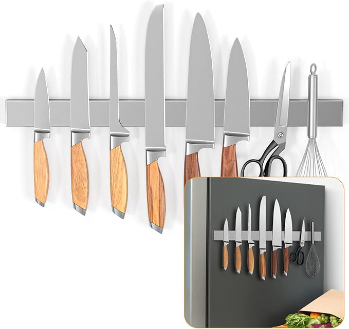 Ninonly 20 Inch Magnetic Knife Holder for Refrigerator, Stainless Steel Double Sided Magnet Knife Strip for Wall, No Drilling Magnetic Knife Rack with Powerful Magnetic Pull Force Fridge Applicable