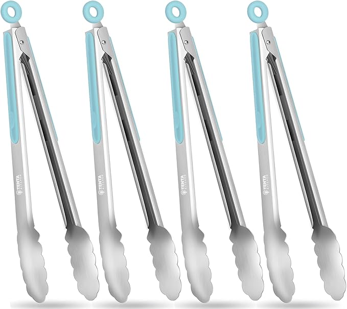 Tongs for Cooking, 12-Inch Stainless Steel Kitchen Tongs, Locking Metal Food with Silicone Non-Slip Grip, Kitchen Utensils for Food, Salad and Outdoor BBQ, Set of 4 (Blue)