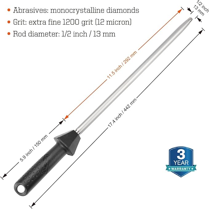 (a brand of SHARPAL) 110R 17.5-Inch/Rod L. 12-Inch Diamond Sharpening Steel Rod, Extra Fine 1200 Grit Sharpening Rod with Built-In Angle Guides, Kitchen Knife Sharpener Honing to Razor-Sharp