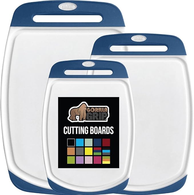 GORILLA GRIP BPA-Free Reversible Kitchen Cutting Board Set of 3, US Designed, Nonporous, Juice Grooves Catch Liquid, Slip Resistant Border, Dishwasher Safe, Durable Large Food Chopping Boards, Blue