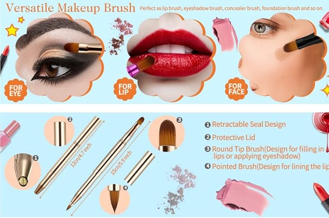 Retractable Eyebrow Eyelash Lip Brush Makeup Brush Double-Sided Soft With Cap Concealer Eyeliner For Travel Cosmetic Brushes, gold color-BrightBean Baby