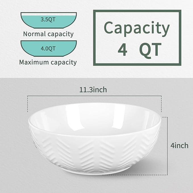 HAPPY KIT Serving Bowls, 130 OZ(11") Extra Large Salad Bowls Set of 2, Porcelain White Mixing Bowls for Salad, Soup, Pasta and Dinner, Large Ceramic Bowl Set for Entertaining