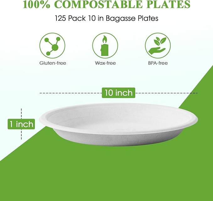ECOLipak 125 Pack Paper Plates 10 inch 100% Compostable, Heavy-Duty Dinner Plates Disposable Bagasse Deep Dish Natural Biodegradable Eco-Friendly Sugarcane (White)