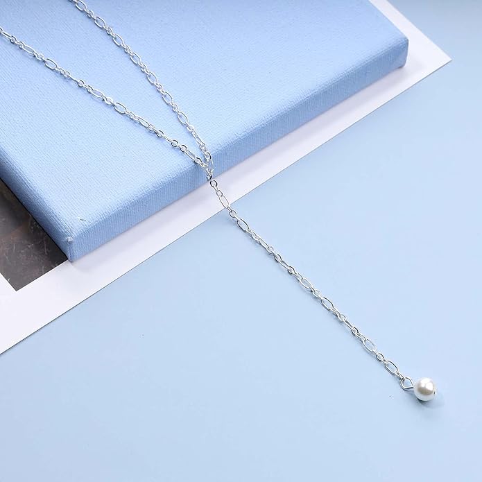 Boho Long Pearl Necklace Gold Lariat Y Necklace Choker Pearl Pendant Necklace Vintage Minimalist Necklace Chain Jewelry for Women and Girls-BrightBean Baby