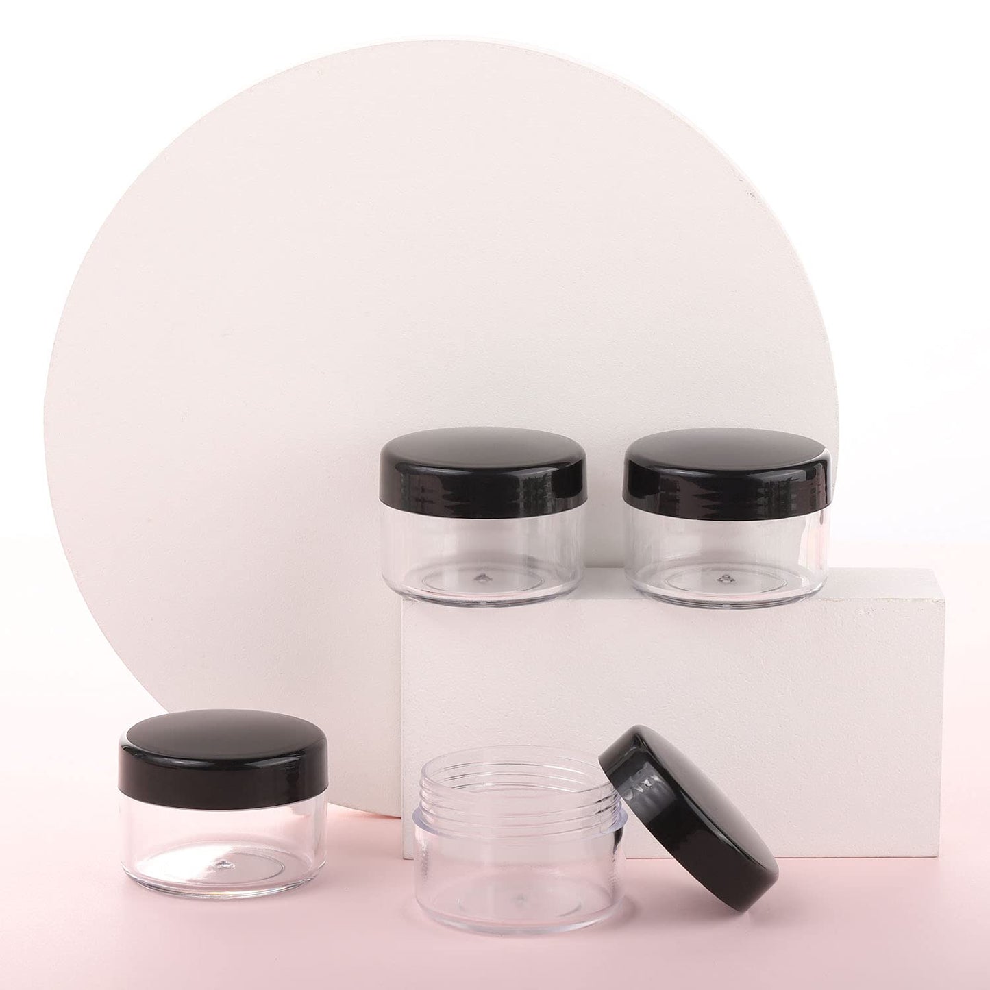 Refillable Cosmetic Sample Jars - 100 Pack 15g (0.5oz) Black Small Travel Containers with Lids + 10 Mini Makeup Spatulas - BPA Free-BrightBean Baby