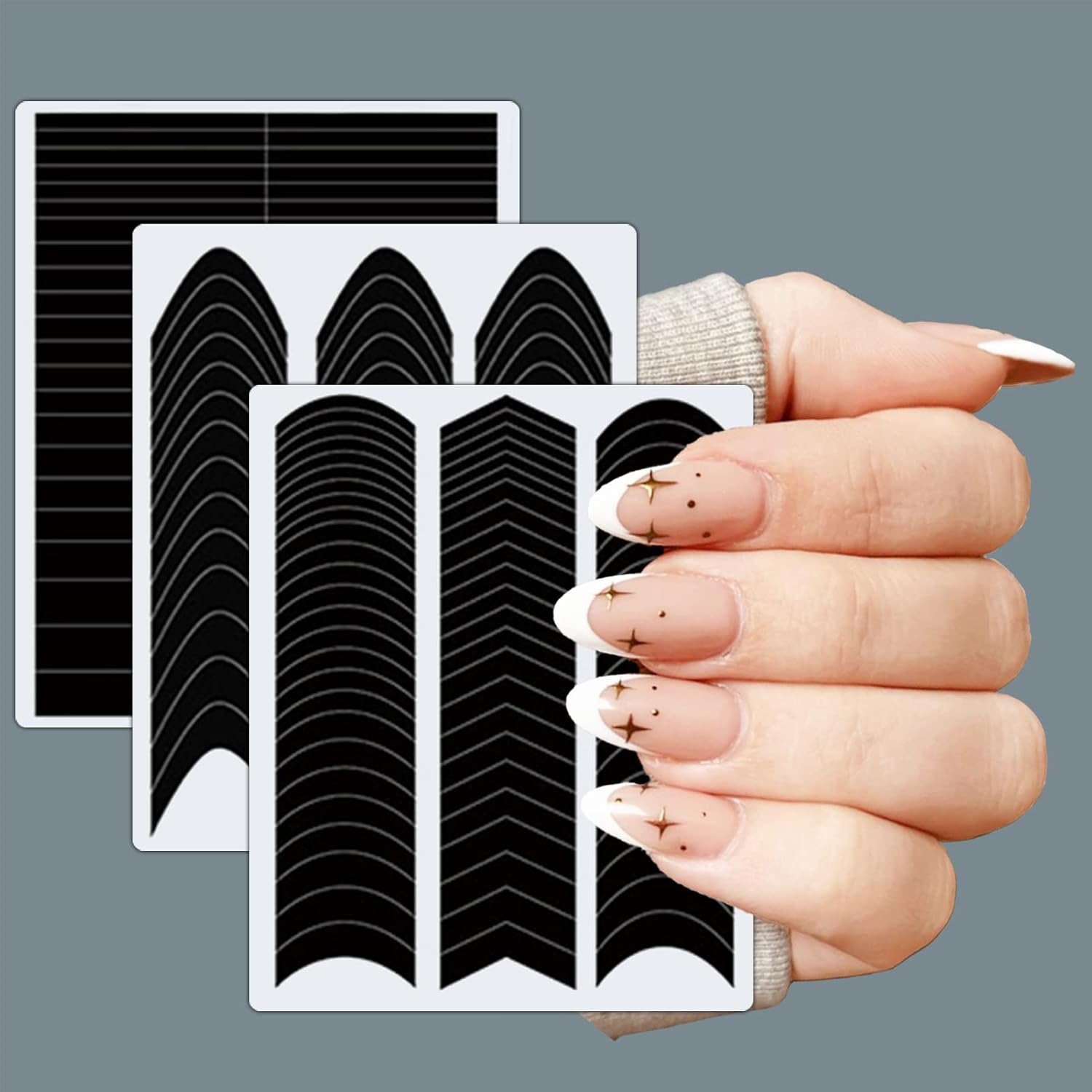 1860 Pcs French Tip Nail Guides, Self-Adhesive French V-Shaped Moon Shaped Manicure Strip Stickers for Edge Auxiliary Black DIY Decoration Stencil Tools(5 Designs, 36 Sheets)-BrightBean Baby