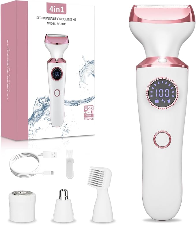 Electric Razor for Women, 4-in-1 Bikini Trimmer & Body Shaver for Face, Legs, Underarms, Pubic Hair, Rechargeable Wet/Dry Painless Hair Removal with LED Light & Travel Lock-BrightBean Baby
